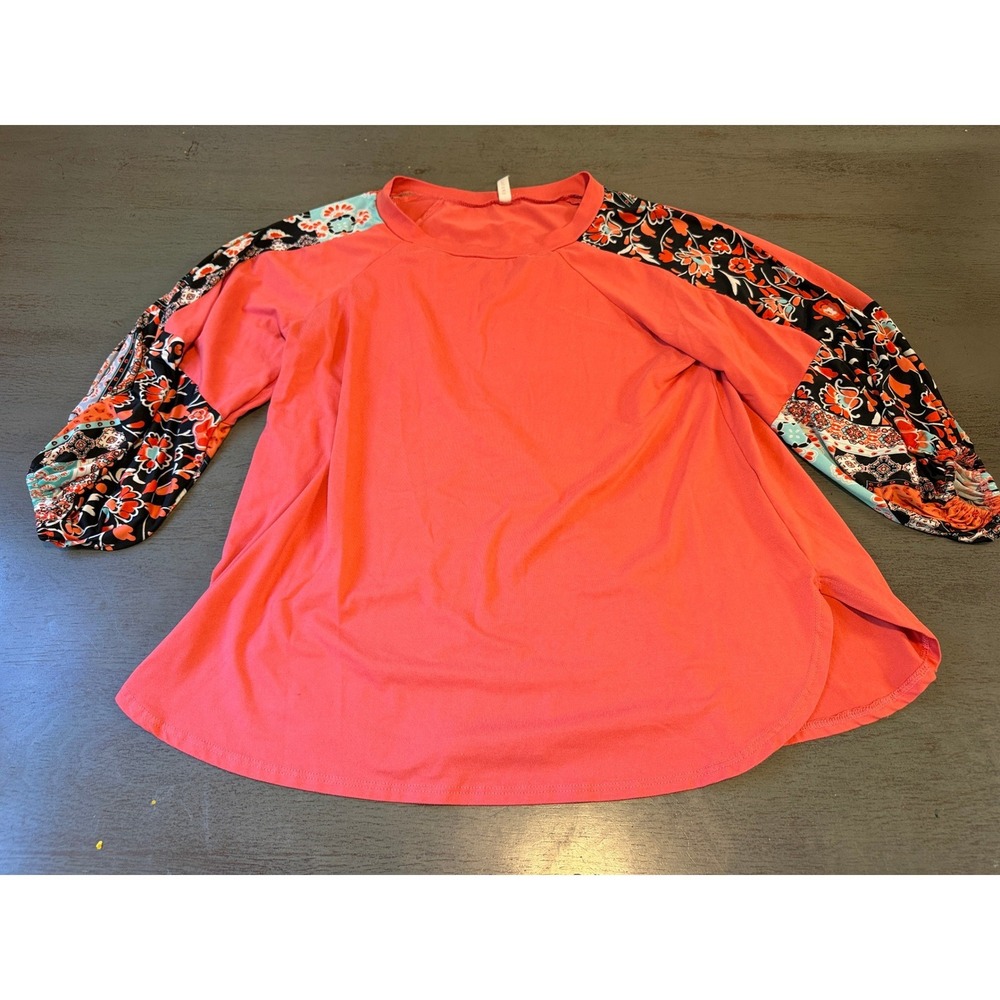Emerald Womens Coral Pink Mixed Print Raglan 3/4 Sleeve Top Small ETK-7544